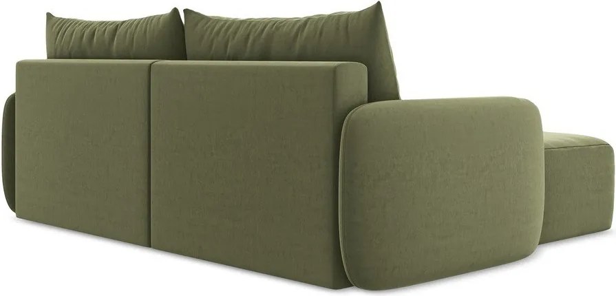 Zöld bársony kinyitható-tárolóhelyes sarokkanapé (bal oldali-heverő résszel) Kalena – Makamii
