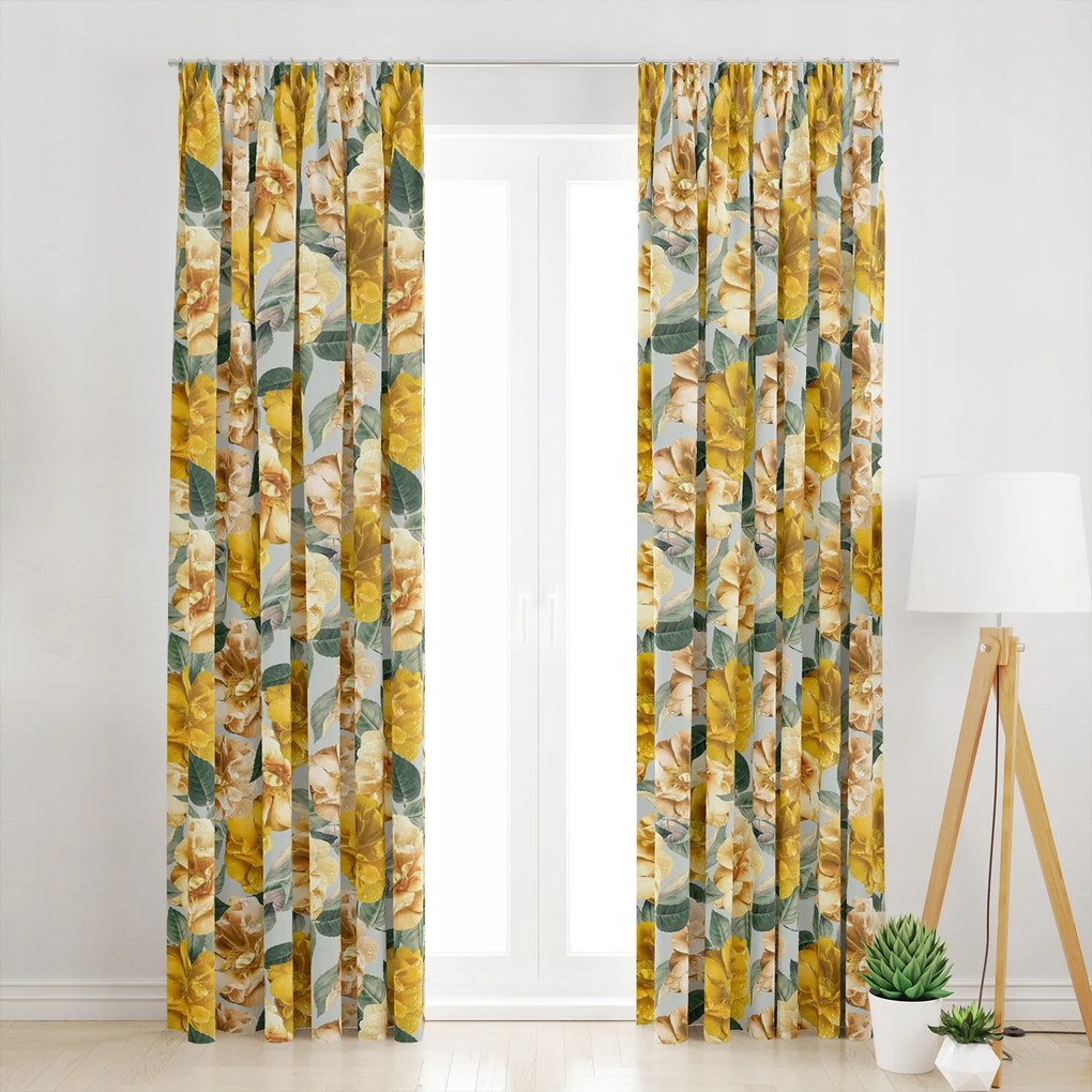 Sárga Virágmintás Függöny, Szalagfüggöny 145X260
