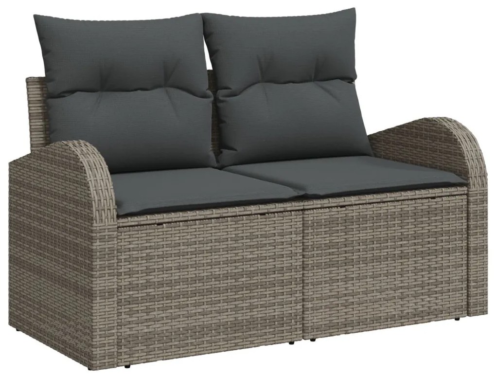 11 darabos Kerti Sofa Szett Párnákkal Szürke Poli Rattan Akácia, 2 személyes Kerti Sofa Tárolóval és Párnákkal Szürke Poli Rattan, 3 darabos Kerti Étkező Szett Párnákkal Szürke Poli Rattan Akácia