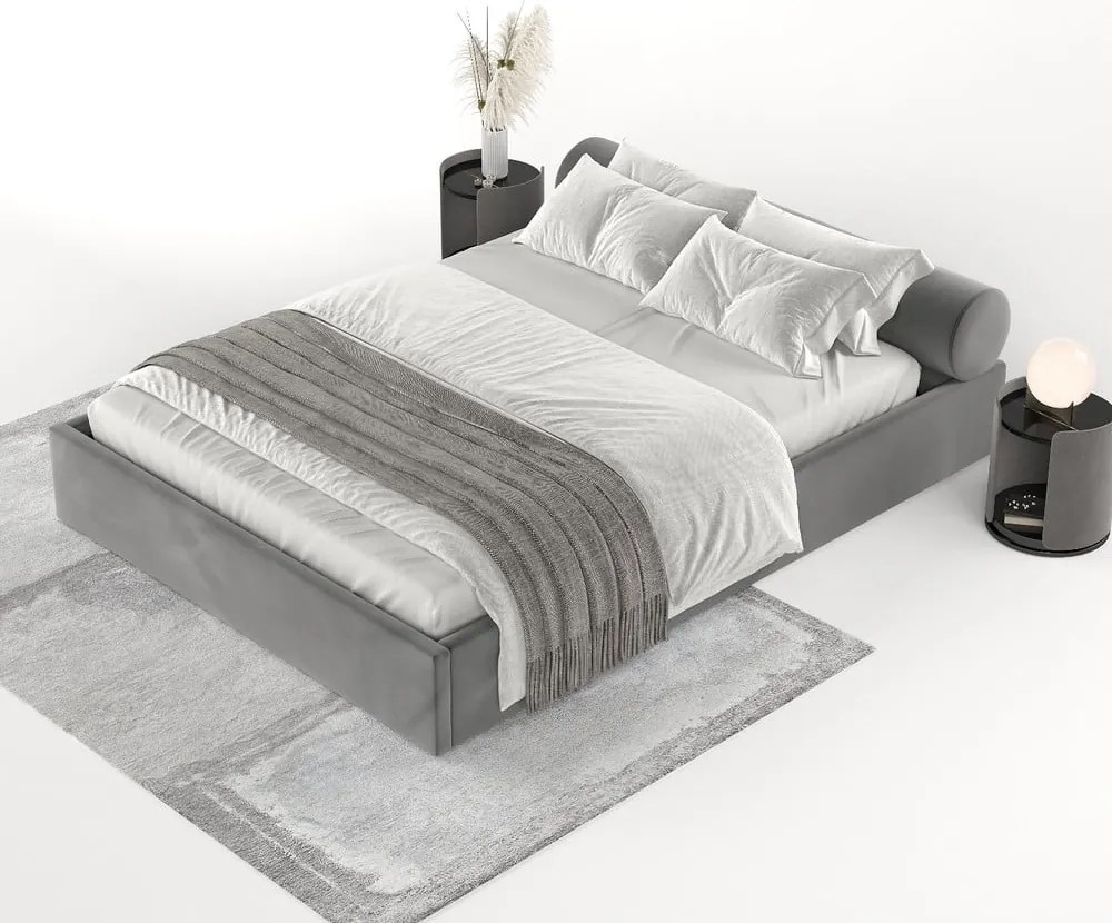 Sötétszürke kárpitozott ágyneműtartós franciaágy ágyráccsal 180x200 cm Solvo – Maison de Rêve