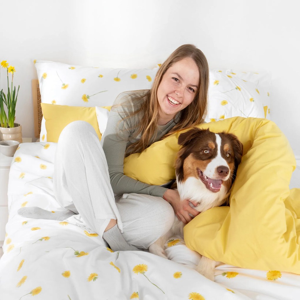 Goldea pamut ágyneműhuzat duo - pitypangok, sárga hátoldal 140 x 200 és 70 x 90 cm