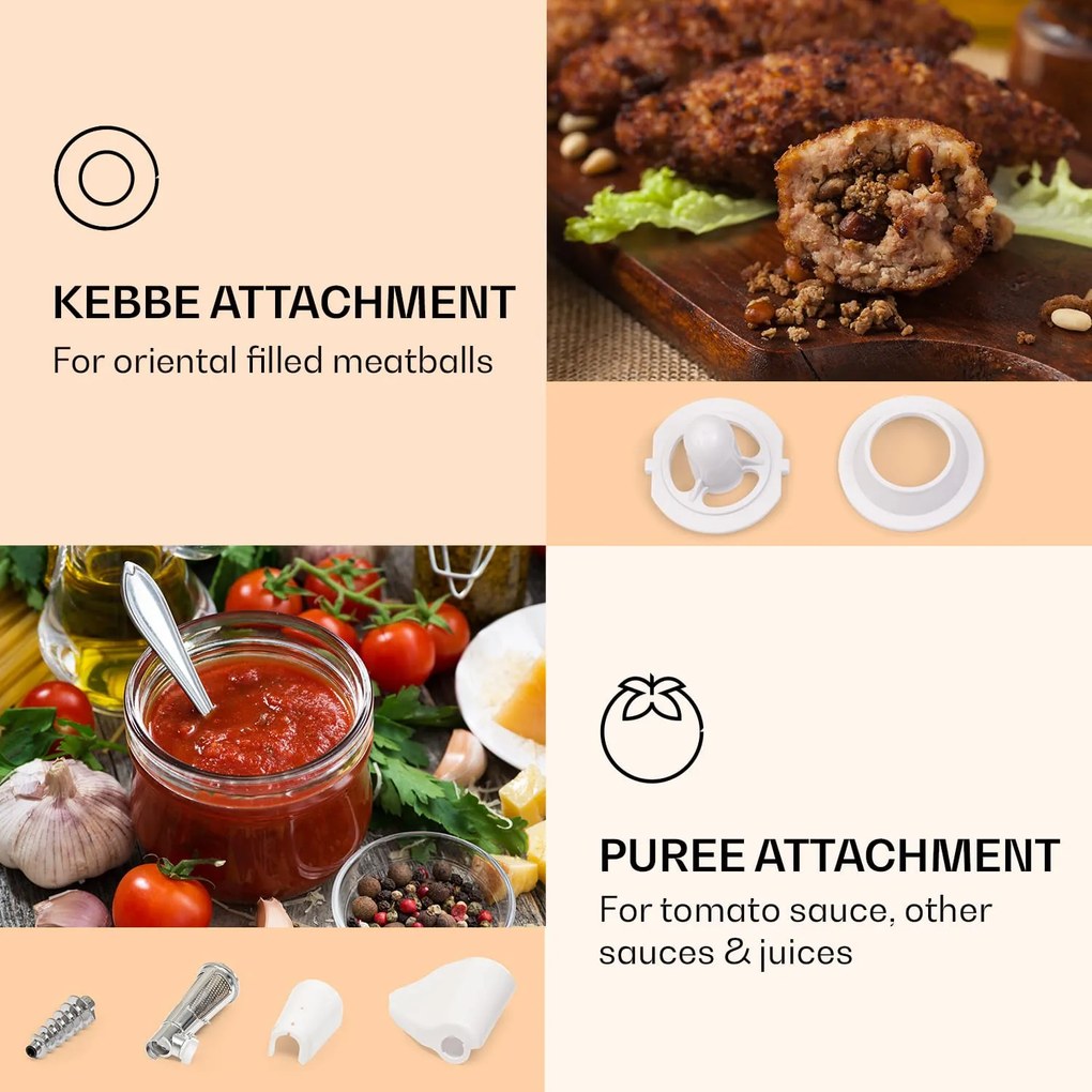 Klarstein Mighty Mince 500, elektromos húsdaráló, 1361 W, 3 perforált acéltárcsával