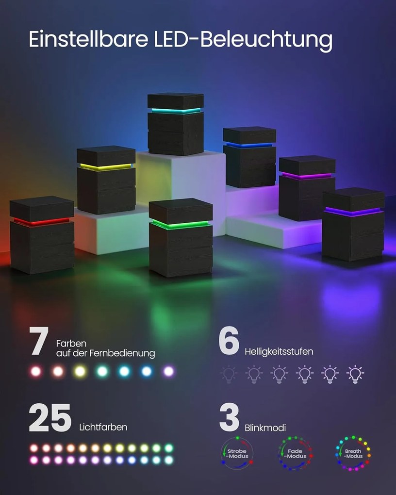 Éjjeliszekrény led világítással, állítható színű fény, 3 fiókos oldalasztal, 35 × 40 × 55 cm, fekete