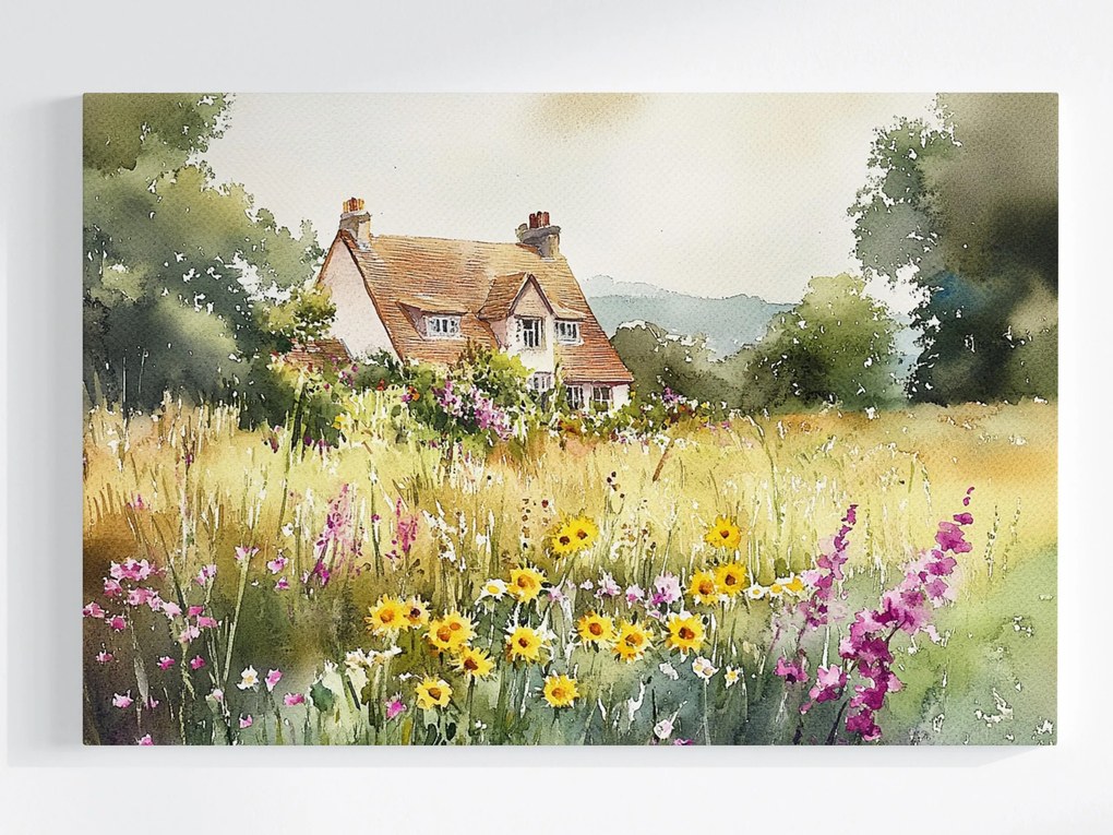 Vászonkép Canvas Tájkép Falu Ház Rét Virágok Természet 120x80