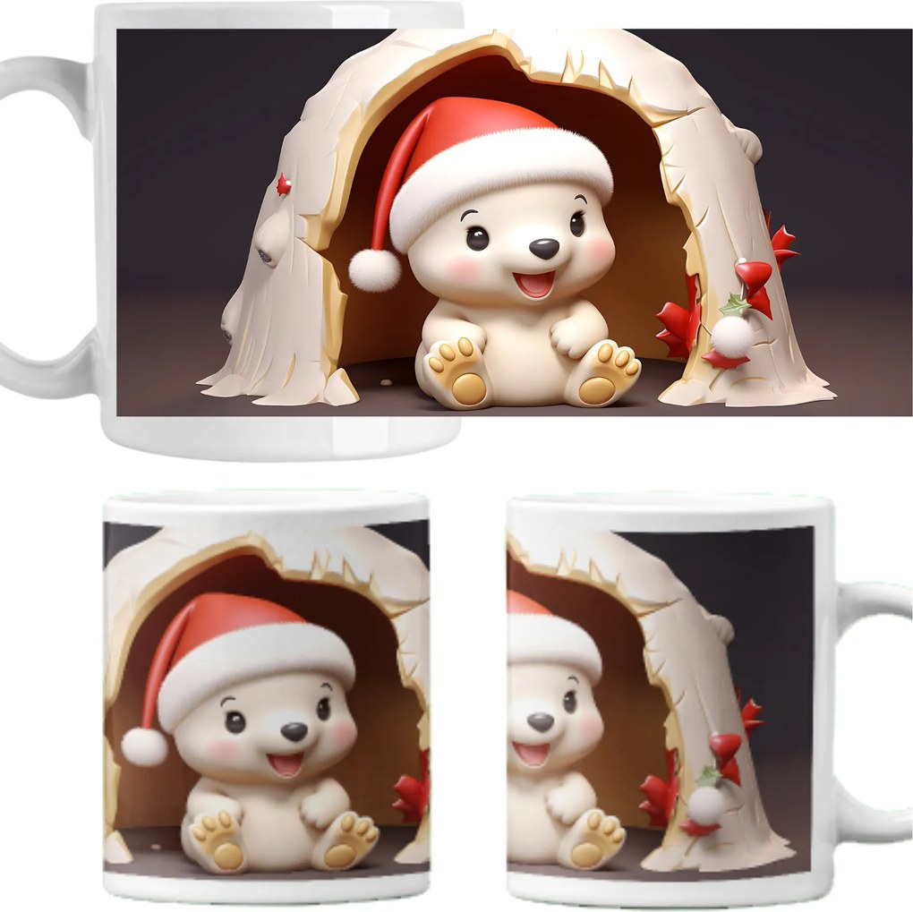 Karácsonyi mintás bögre fehér medve Mikulás ajándék 330ml 3