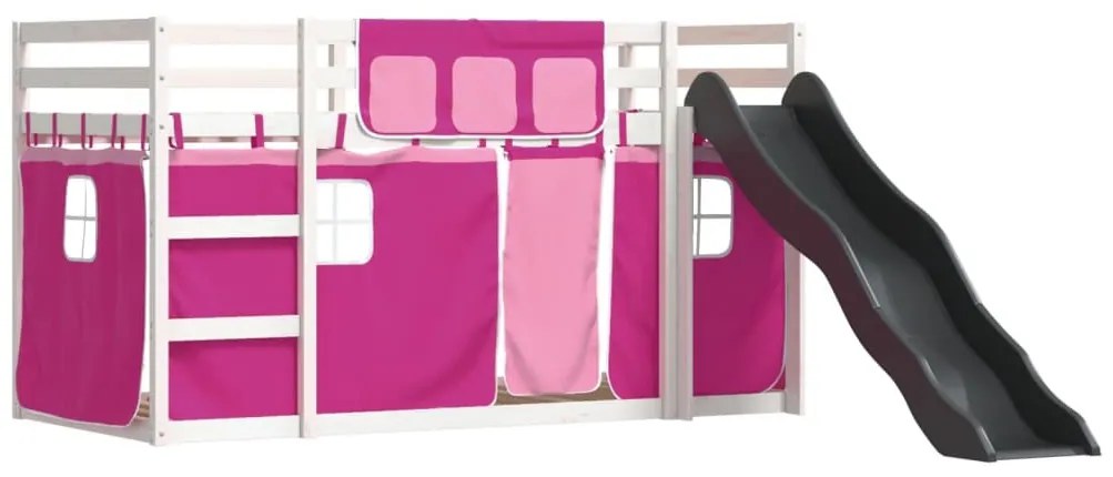 rózsaszín emeletes ágy csúszdával és függönnyel 90 x 200 cm