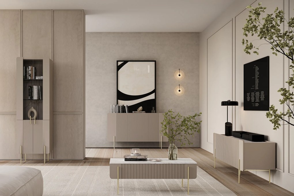 Malmi háromajtós komód 150 cm - kasmír / crema bianca / arany lábak