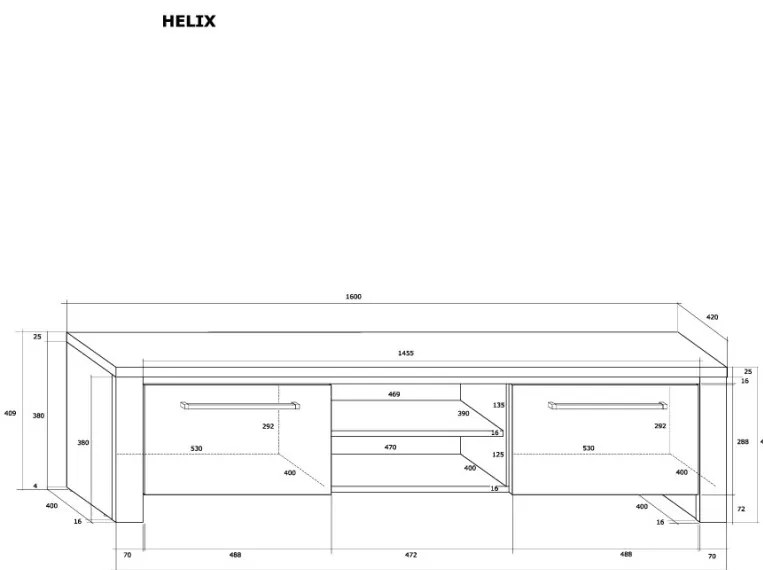 Comodă TV Helix în finisaj Negru / Negru Lucios. 160 cm.