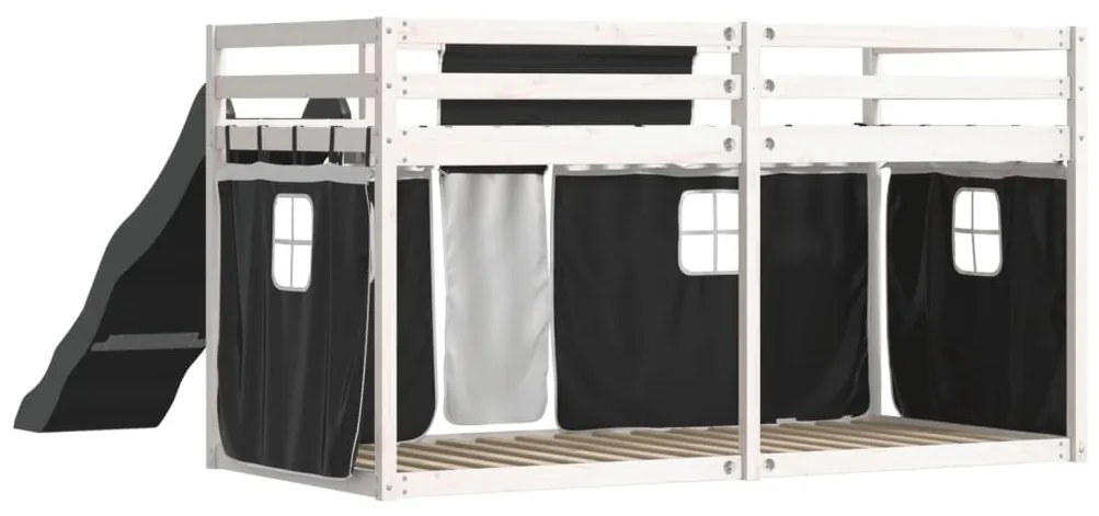 fehér-fekete emeletes ágy csúszdával és függönnyel 90 x 200 cm