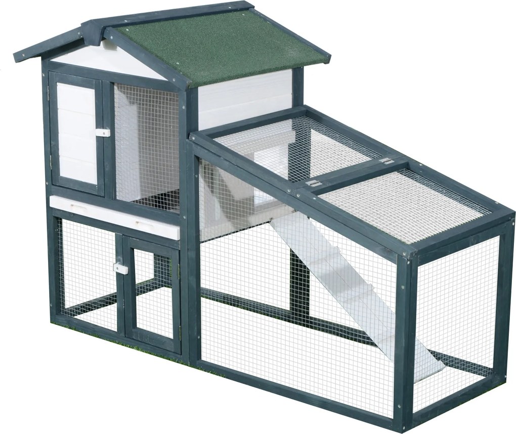 PawHut Nyúl és Kisállat Ketrece 2 Szinten Fenyőből, Kétajtós, 140x65x100cm Zöld és Fehér | Aosom