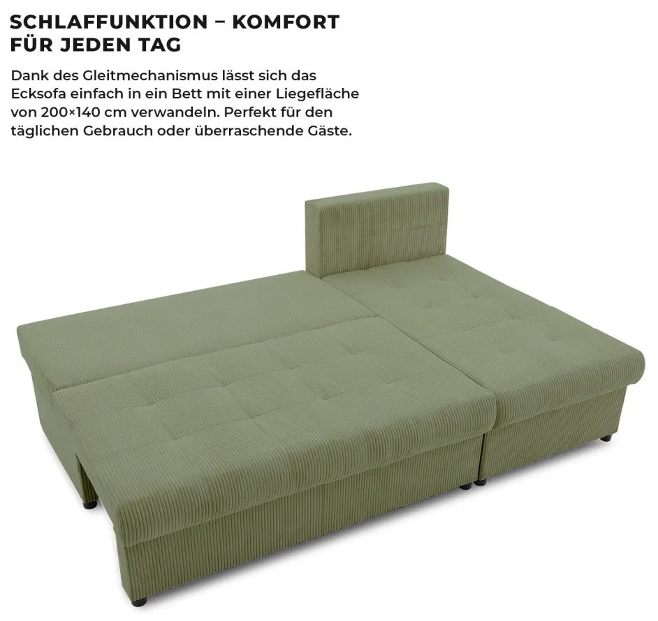 Venezia sarokkanapé, kordbársony, univerzális oldal, bonell töltet, zöld