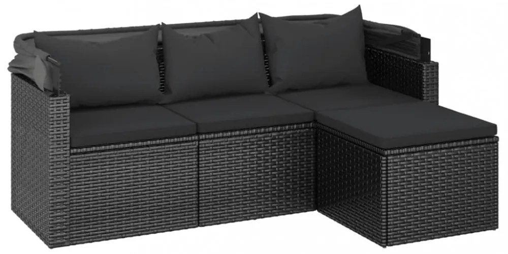 3-személyes fekete polyrattan kanapé tetővel és lábtartóval