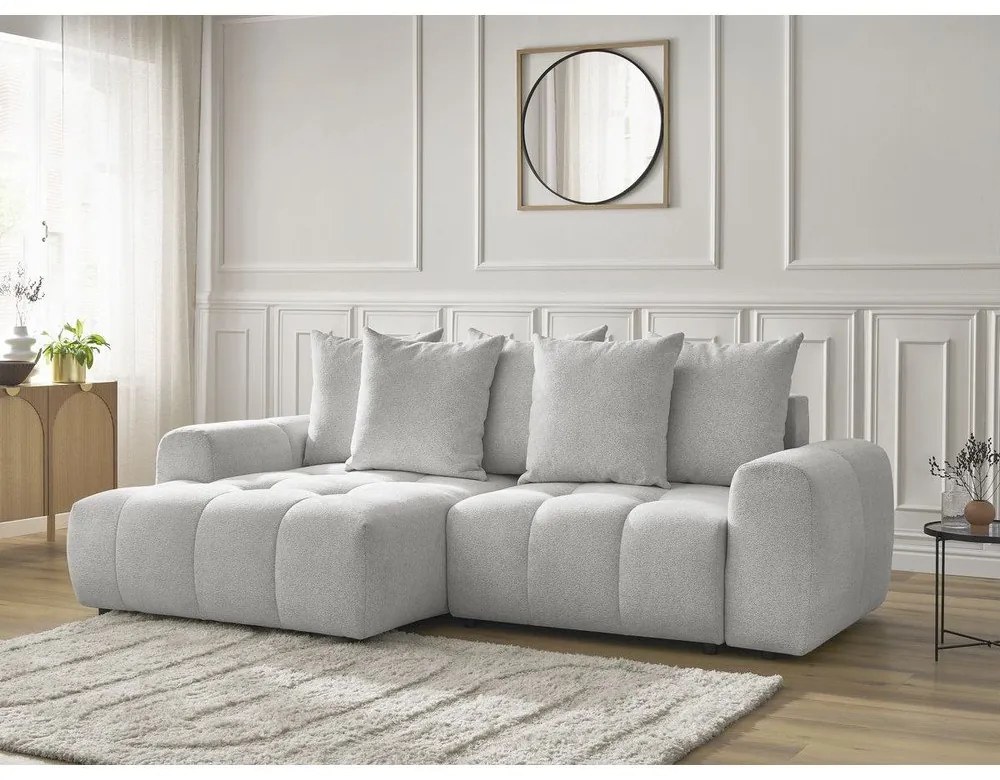 Világosszürke zsenília kinyitható-tárolóhelyes sarokkanapé (bal oldali-heverő résszel) Roxelane – Bobochic Paris