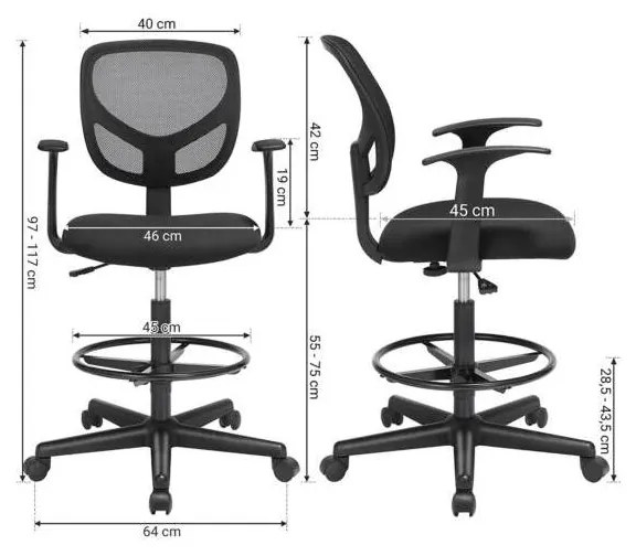 Ergonomikus irodai szék kartámaszokkal, forgó szék 55-75 cm ülésmagasság, Fekete