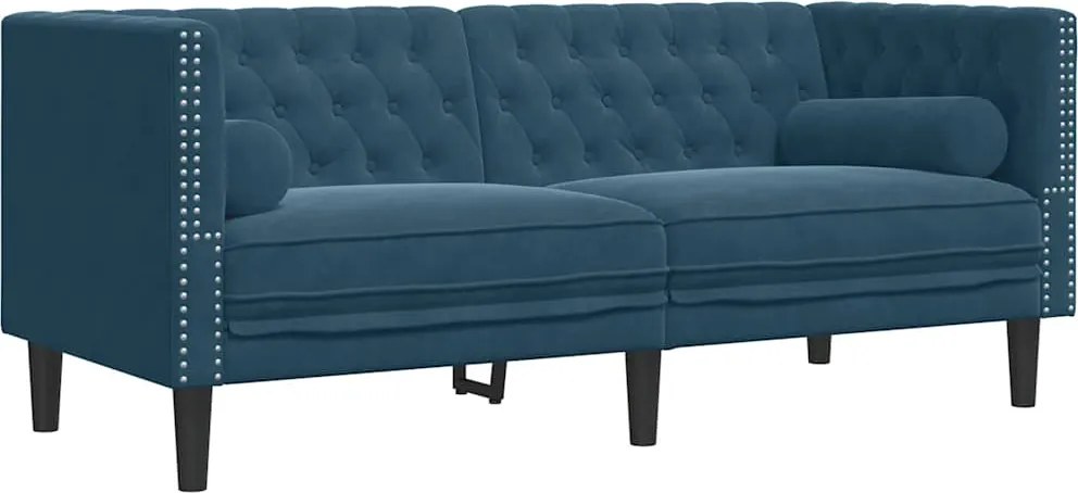 vidaXL 2 személyes kék bársony Chesterfield kanapé hengerpárnákkal