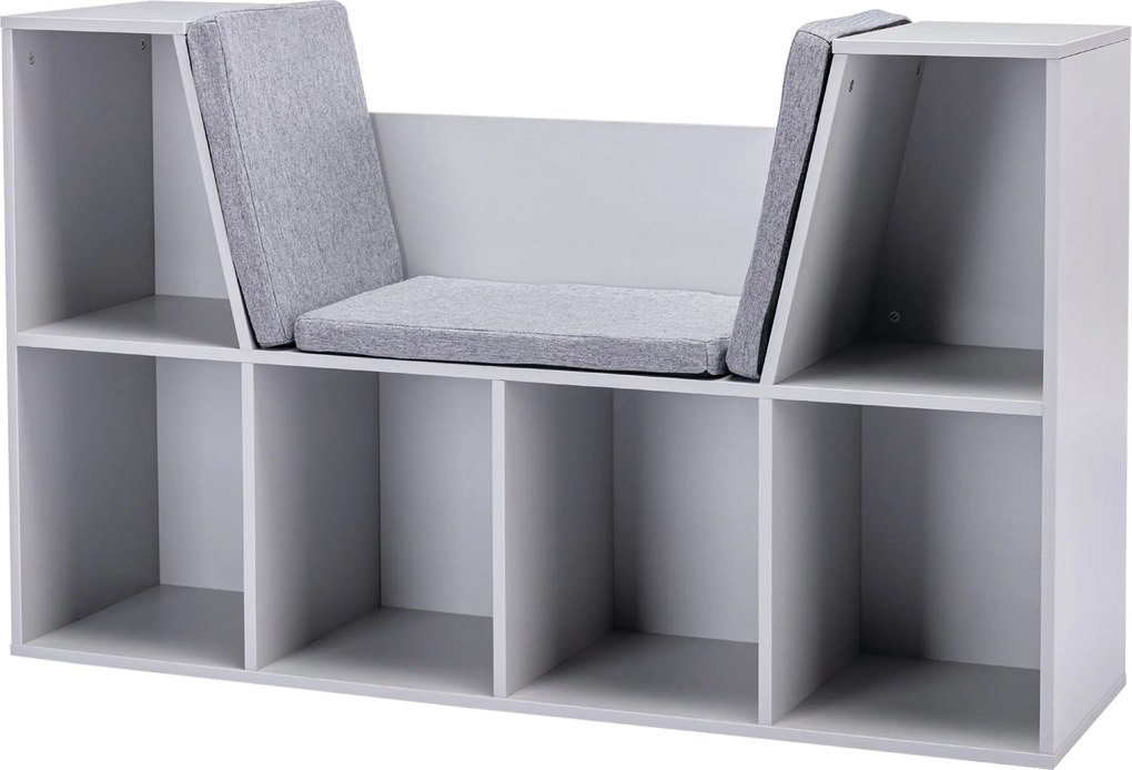HOMCOM Gyermekkönyves Polc Puffal, 6 Rekeszes Gyerek Pad, 3 Párnás Tárolódoboz 3 Éves Kortól, Szürke, 103 x 30 x 62 cm | Aosom