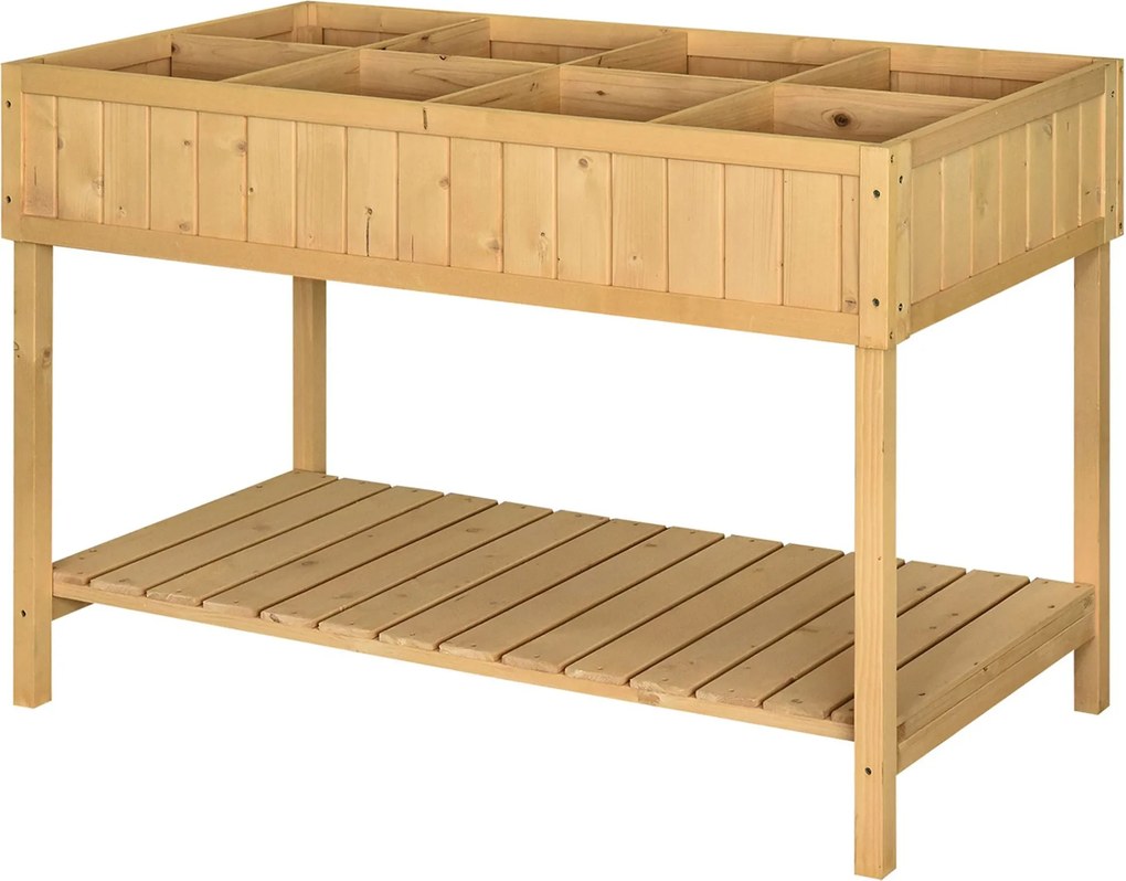 Outsunny Kiemelt Ültetőasztal Kerti Ágyás Palántázó Dozi 8 Rekesszel, Lejtős Polccal, Masszív Píne Fa, Természetes Fa 110 x 46 x 76 cm | Aosom