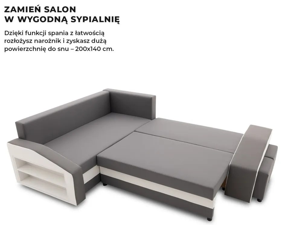 Grande sarokkanapé polcokkal és puffokkal , polc a bal karfaban puffok a jobb karfaban, baloldali, szövet anyag, hab töltet, szürke - fehér