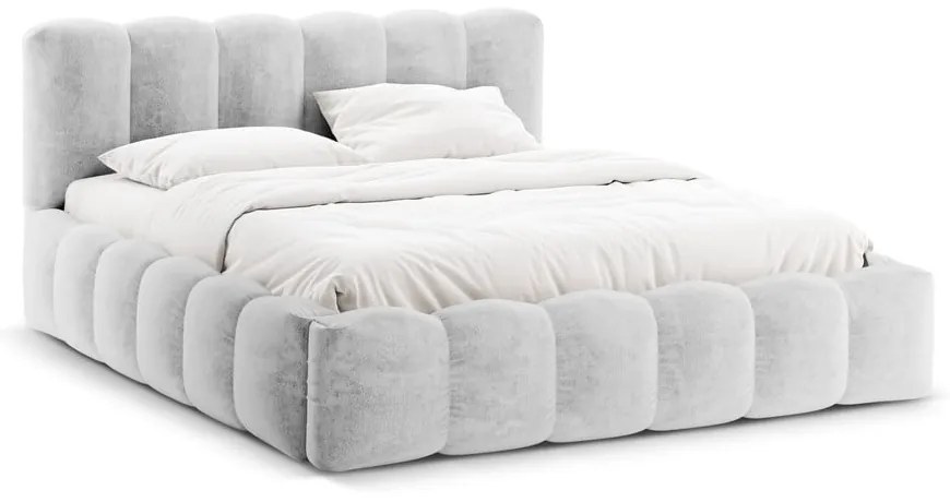 Világosszürke kárpitozott ágyneműtartós franciaágy ágyráccsal 160x200 cm Lupine – Micadoni Home