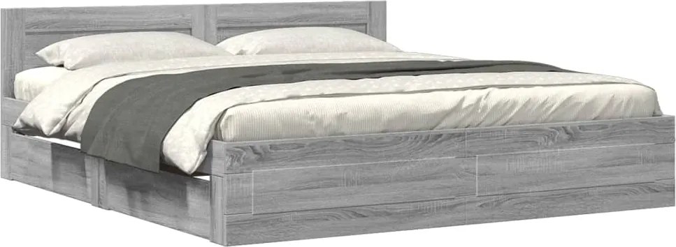 vidaXL szürke sonoma színű szerelt fa ágykeret fejtámlával 200x200 cm