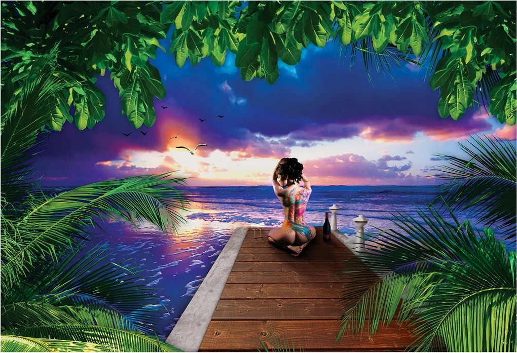 Flizelin fotótapéta Naplemente Tenger Lány és pálmafák 254x184 +ragasztó
