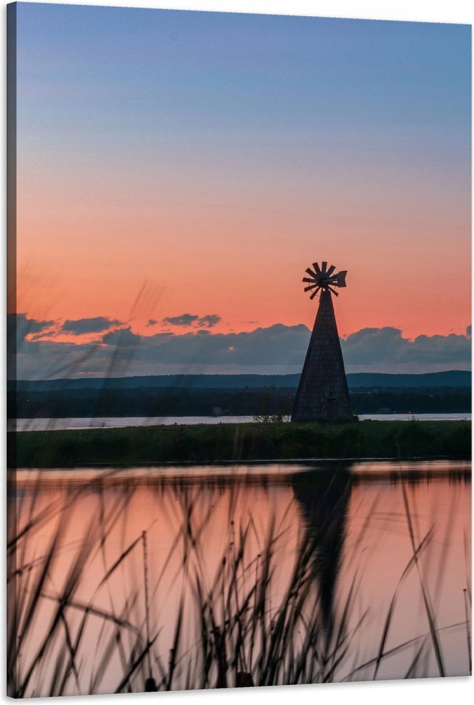 Vászonkép Szélmalom Ég Természet Naplemente Tó Fű 60x90
