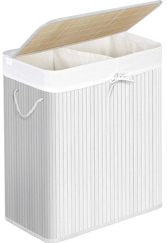Bambusz szennyeskosár 100L, 2 rekeszes ruhakosár mosható zsákkal (OUTLET)