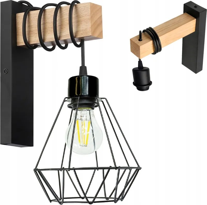 Fali lámpa fa Led túlnyúlás kábel lámpabúra 1xE27 Loft Fekete