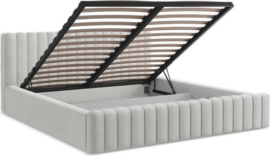 Ezüstszínű kárpitozott ágyneműtartós franciaágy ágyráccsal 160x200 cm Lemi – Makamii