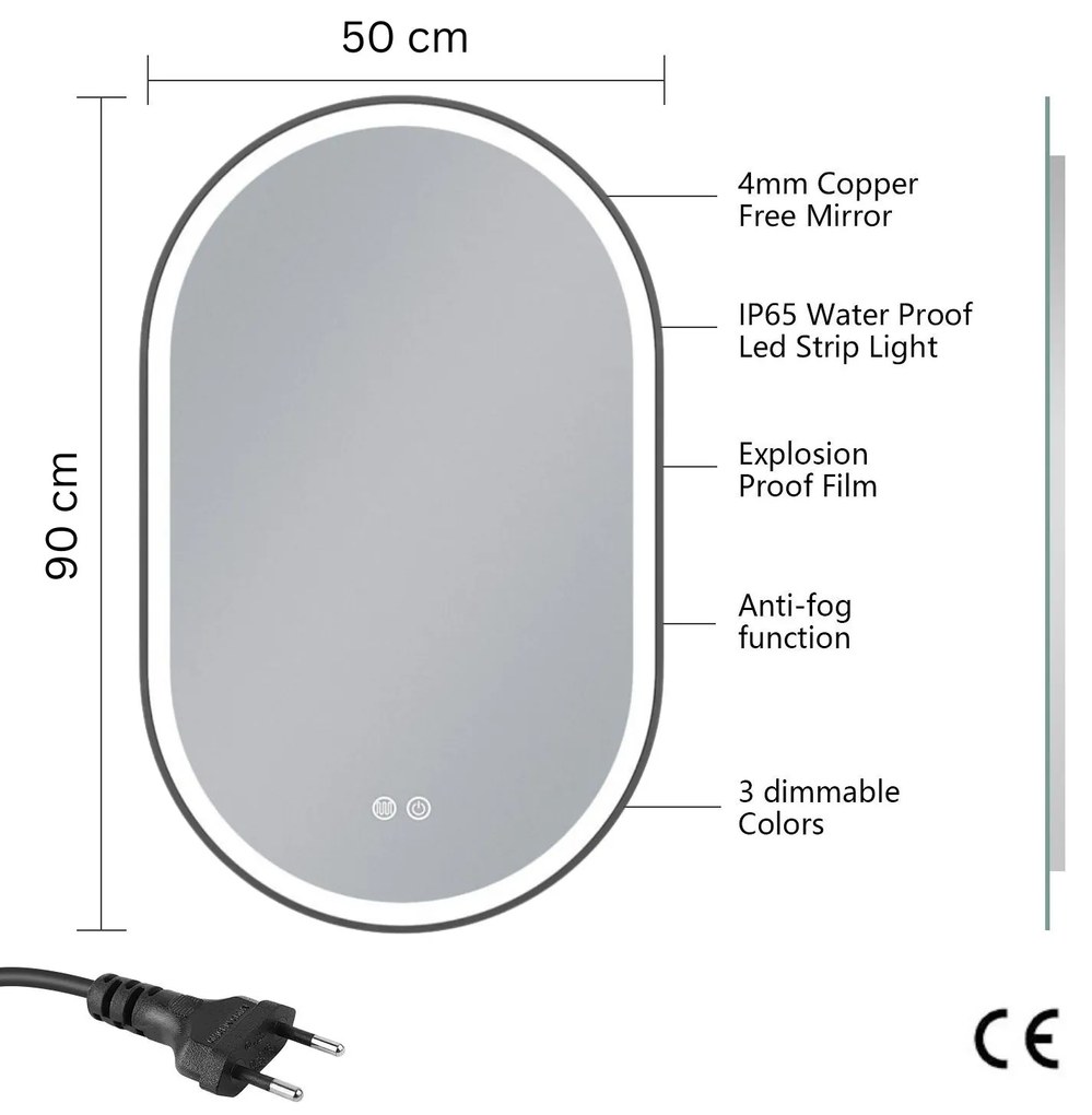 Erga Gwen, ovális LED tükör 50x90cm fekete fém keretben, 3 világos szín, elülső világítás, páramentes fűtőpárna, ERG-V01-GWEN-5090-BK