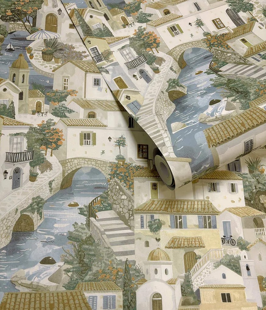 Holden Decor Wanderlust Monteroso bézs-kék mediterrán vlies tapéta – 92021