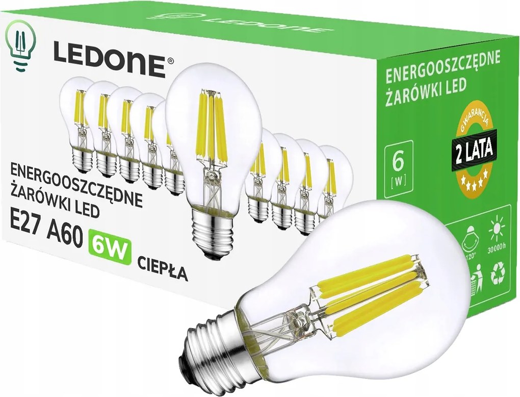 10x Led izzó filament E27 A60 6W fehér Meleg retro Clear Led szett