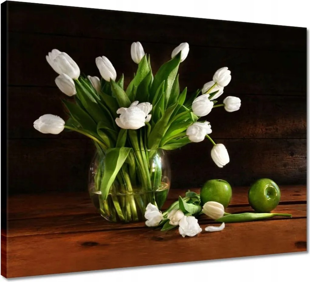 Vászonkép 50x40 Fehér tulipánok Sötét háttér