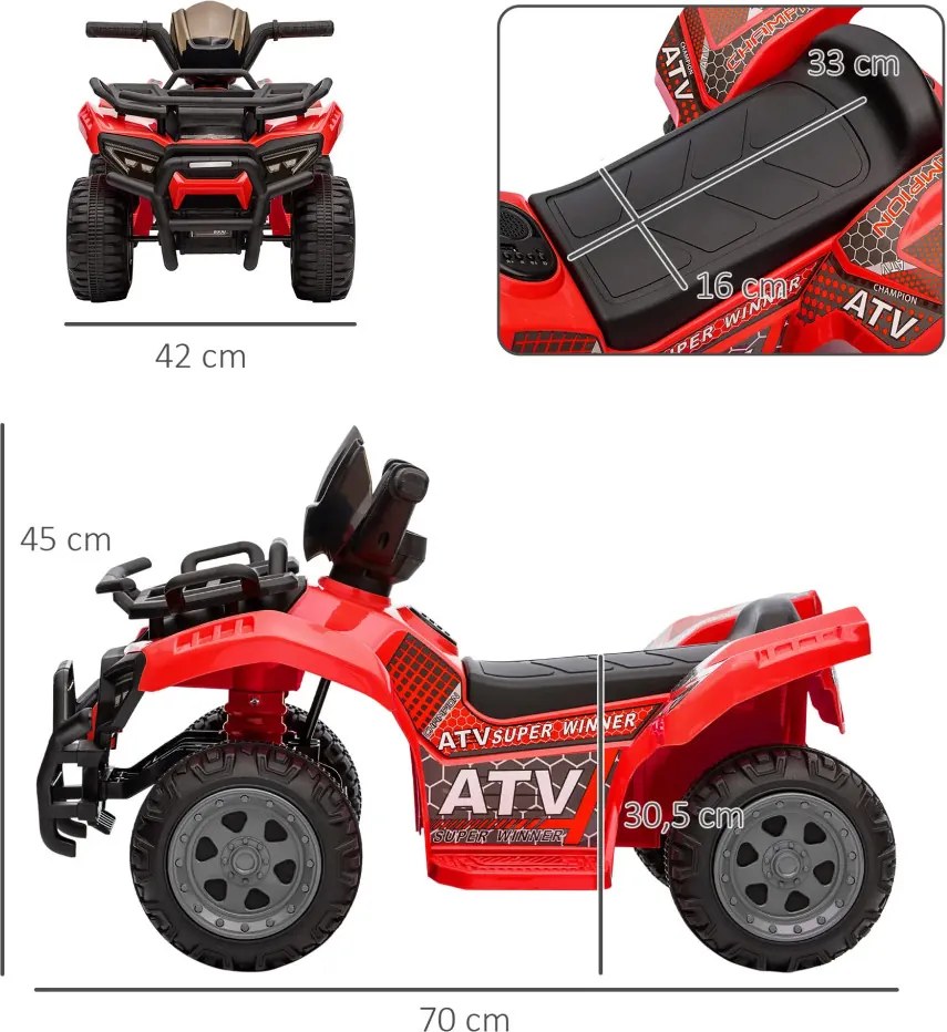 HOMCOM Kids Quad elektromos 6V-os gyerek quad hátrameneti funkcióval, zenével, piros