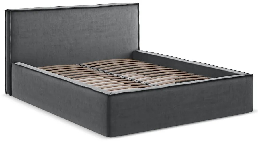 Sötétszürke kárpitozott ágyneműtartós franciaágy ágyráccsal 180x200 cm Anani – Makamii