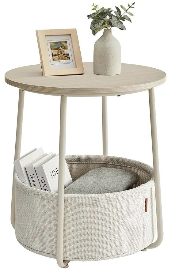 Kerek asztal, kis dohányzóasztal szövetkosárral, krémfehér