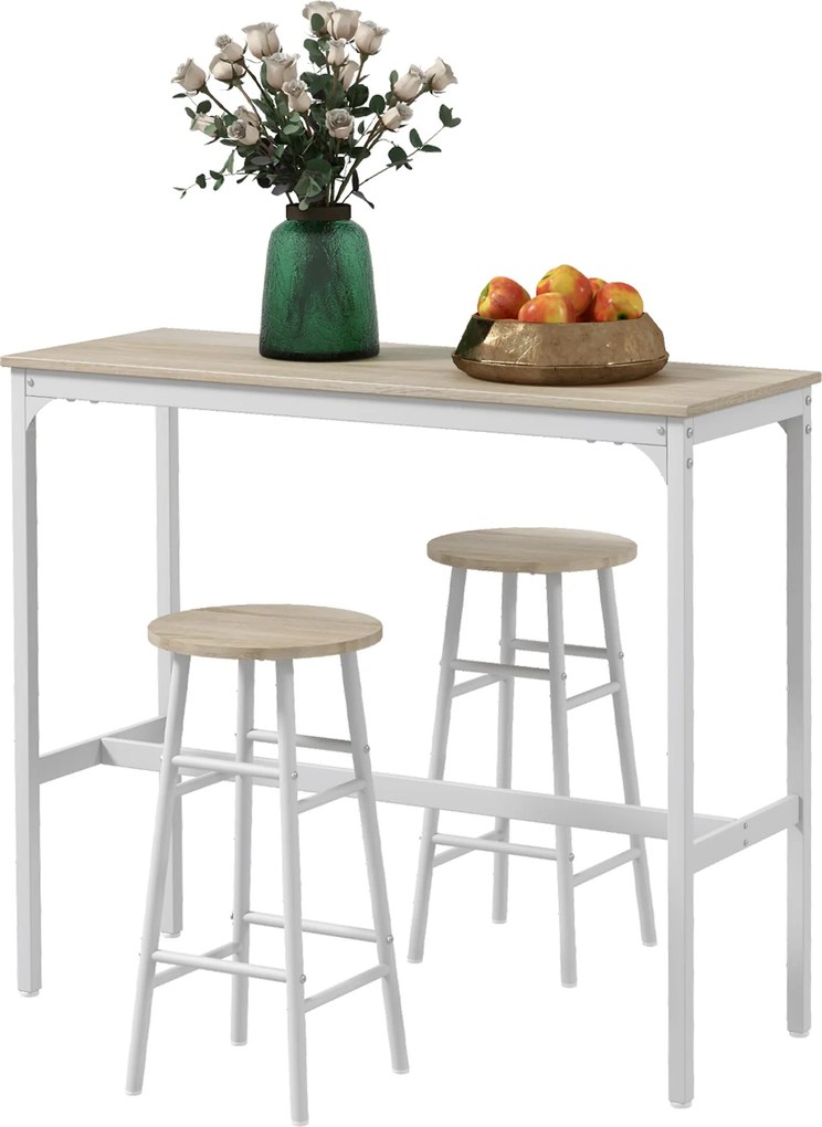 HOMCOM Magas Bárasztal Készlet 2 Székkel – Magas Konyhai Asztal Székekkel, Ipari Stílusú Acél Váz, Magas Asztal Étkezéshez Természetes és Fehér | Aoso