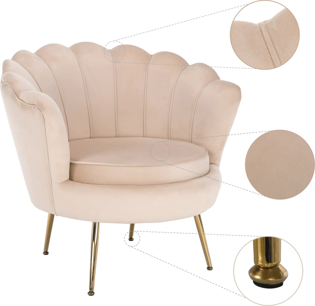 Fotel Art-deco stílusban, bézs Velvet anyag/gold chróm-arany, NOBLIN