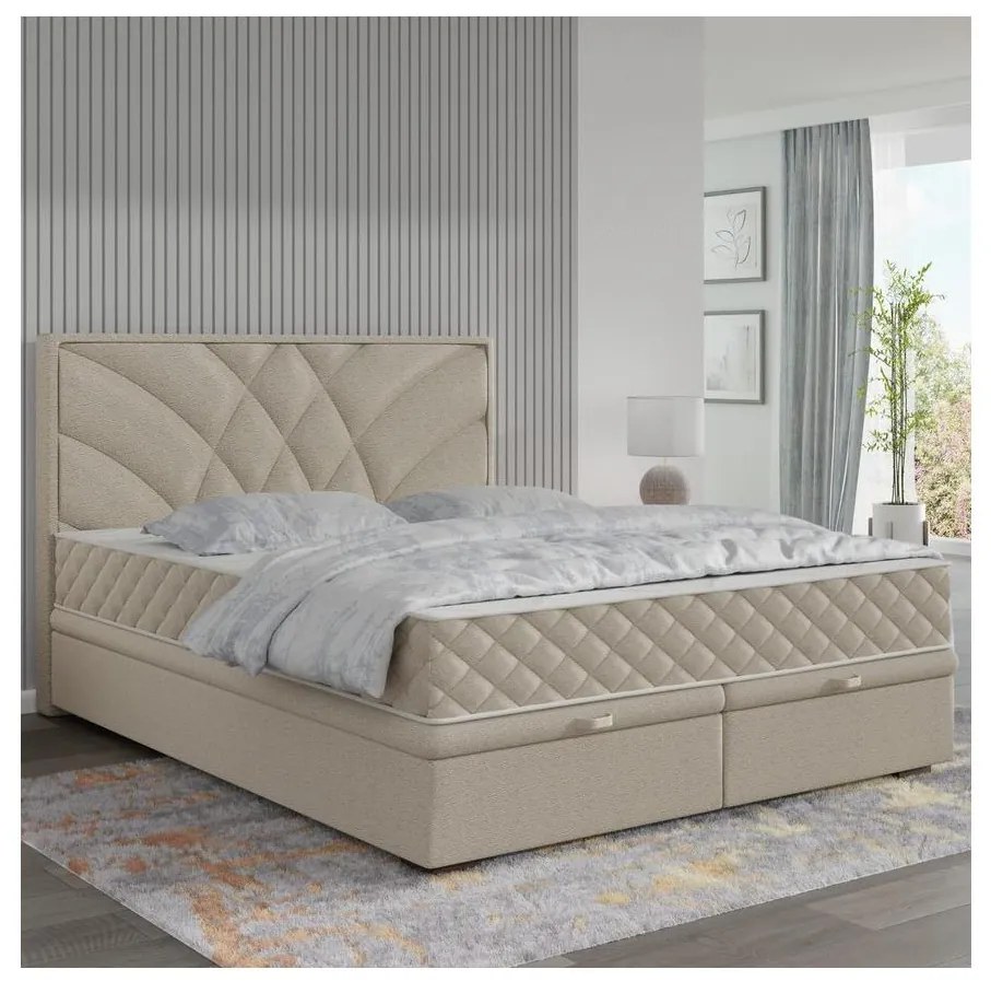 GINA 140x200 cm bézs kárpitozott ágy matracokkal és ágyneműtartóval