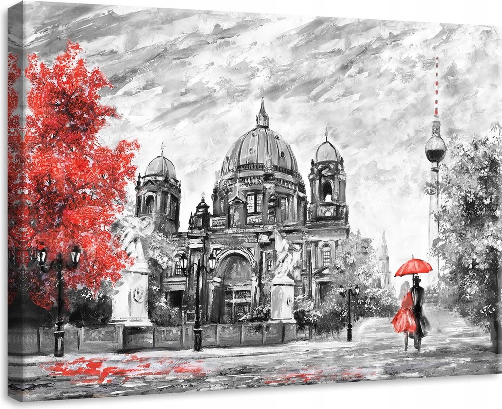 Vászonkép 70x50 Berlin városkép pár piros monokróm esernyő
