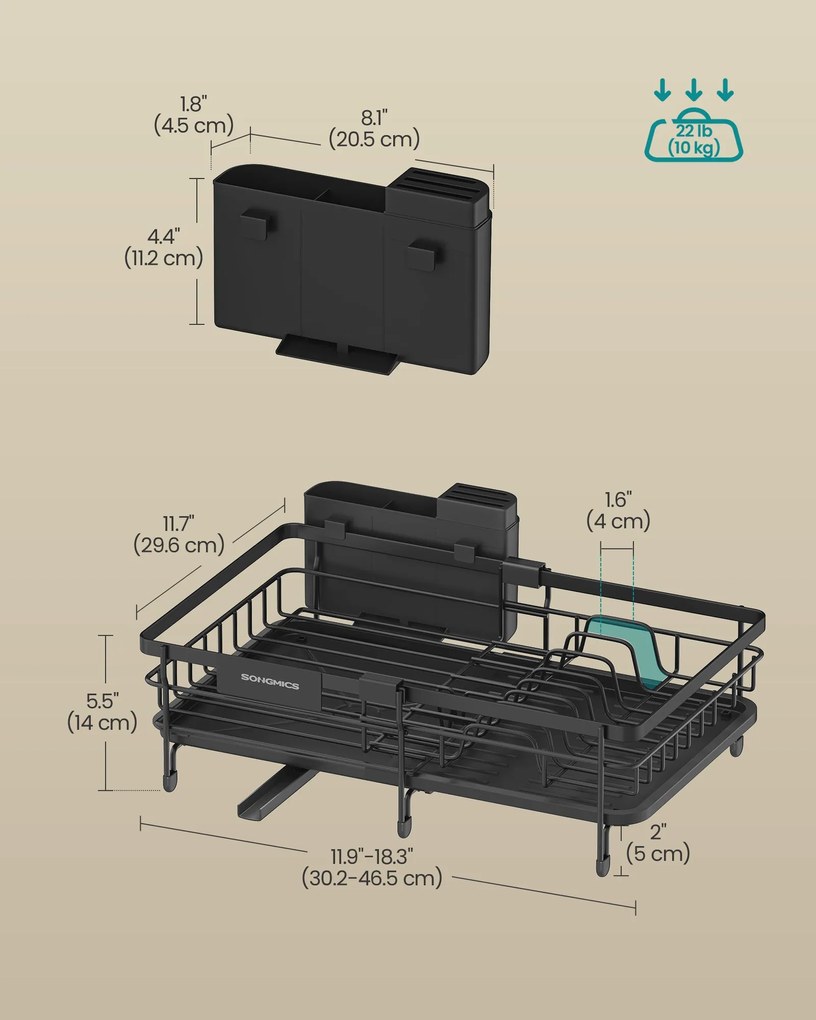 SONGMICS edényszárító állvány, kihúzható mosogató szárító, 360° vízelvezetés, tintafekete