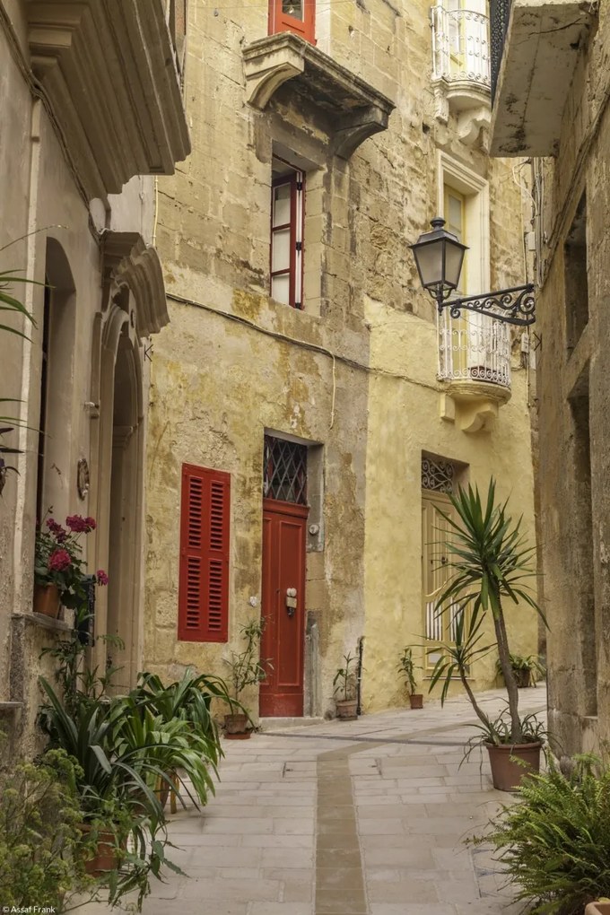 Poszter 20x30cm Keskeny utca a hagyományos máltai házak között Birguban,