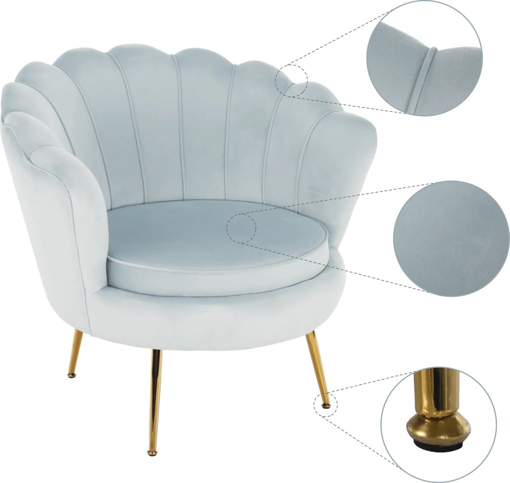 Fotel Art-deco stílusban, szürke-kék Velvet anyag/gold chróm-arany, NOBLIN