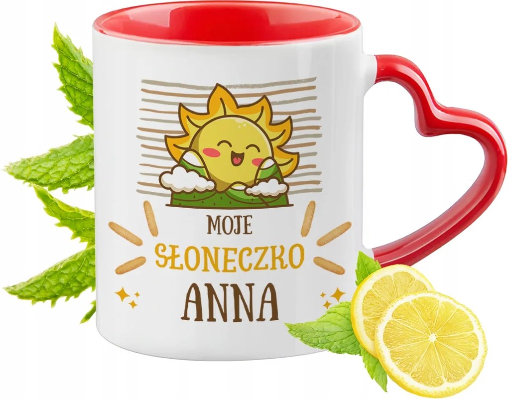 Piros bögre szív alakú füllel Anna számára Ajándék