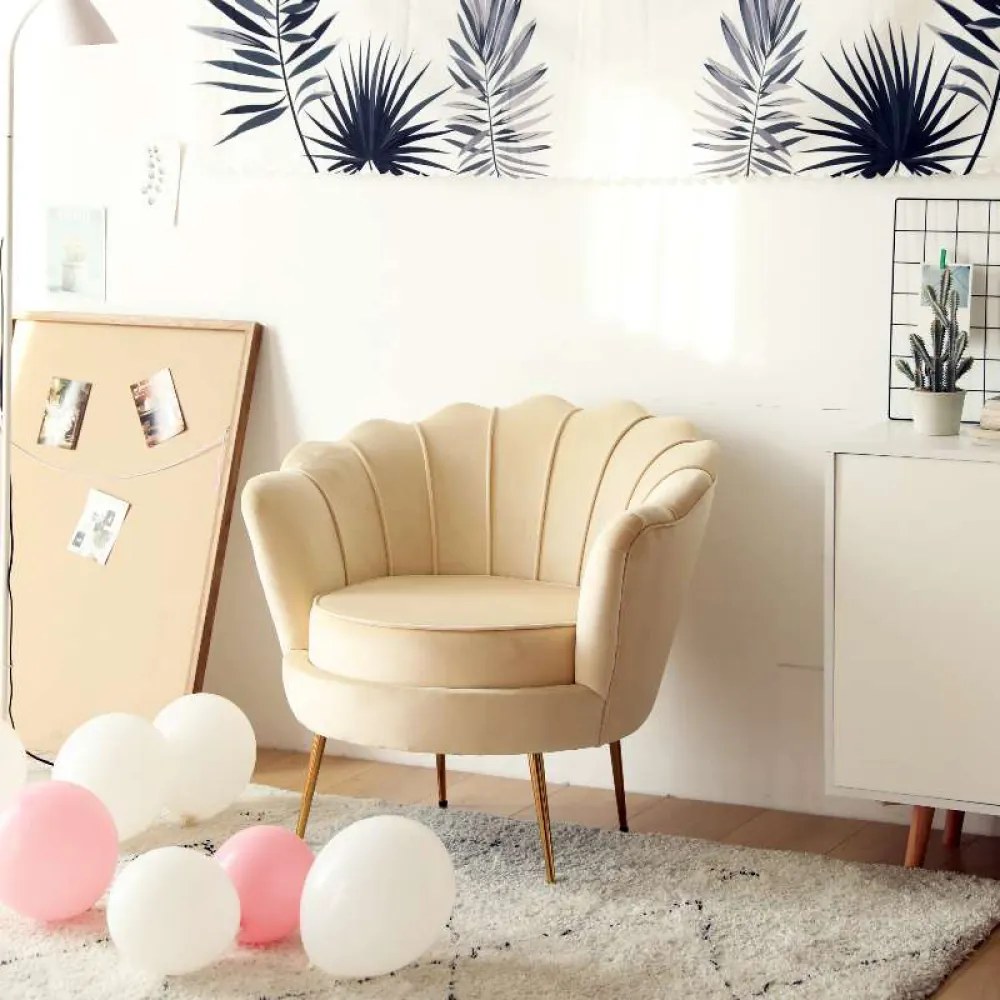 Art-deco stílusú fotel, bézs Velvet szövet/gold arany króm, NOBLEO