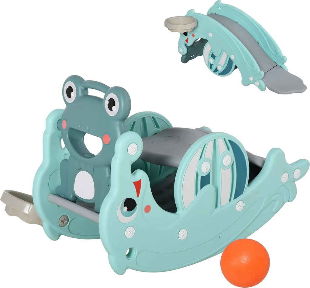 HOMCOM 3 az 1-ben Gyerek Ringató Kanca Csúszdával Kosárlabda Gyűrű Multifunkciós Játék Szett Puha Felületekkel 18-36 Hónapos Béka Delfin Forma 72x34x4