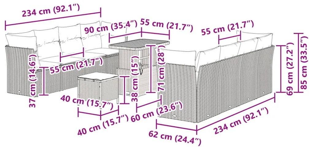 11 részes kerti kanapé készlet párnákkal szürke poli rattan akáciával, 3 részes kerti étkező készlet párnákkal szürke poli rattan akáciával