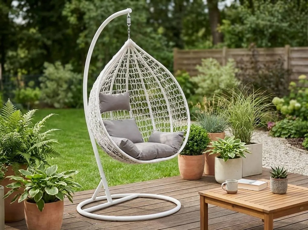 Fehér függőszék KOKON állvánnyal, világos párna