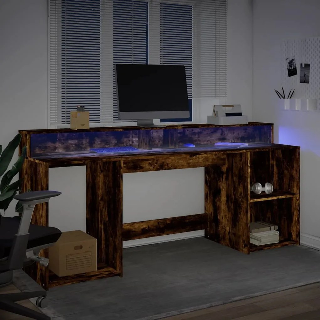 füstös tölgy színű szerelt fa íróasztal LED-ekkel 200x55x91 cm