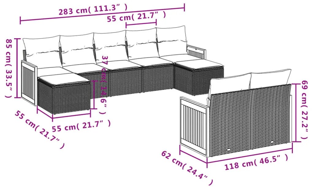 9 részes szürke polyrattan kerti ülőgarnitúra párnákkal